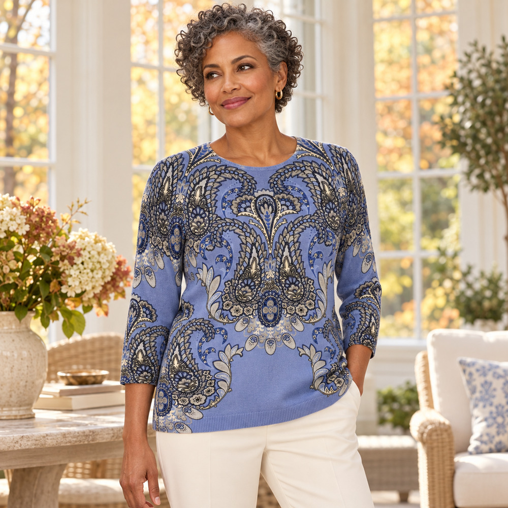 Talbots Audrey Cashmere Sweater Blue Paisley Medallion XL 3/4 Sleeve NWT